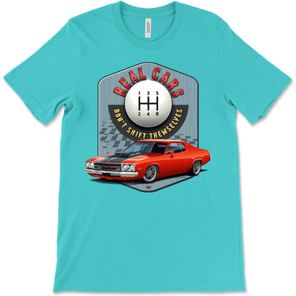 Real Cars Don’t Shift Themselves! '73 Plymouth Satellite Bella+Canvas Unisex Short-Sleeve T-Shirt (Front Design)