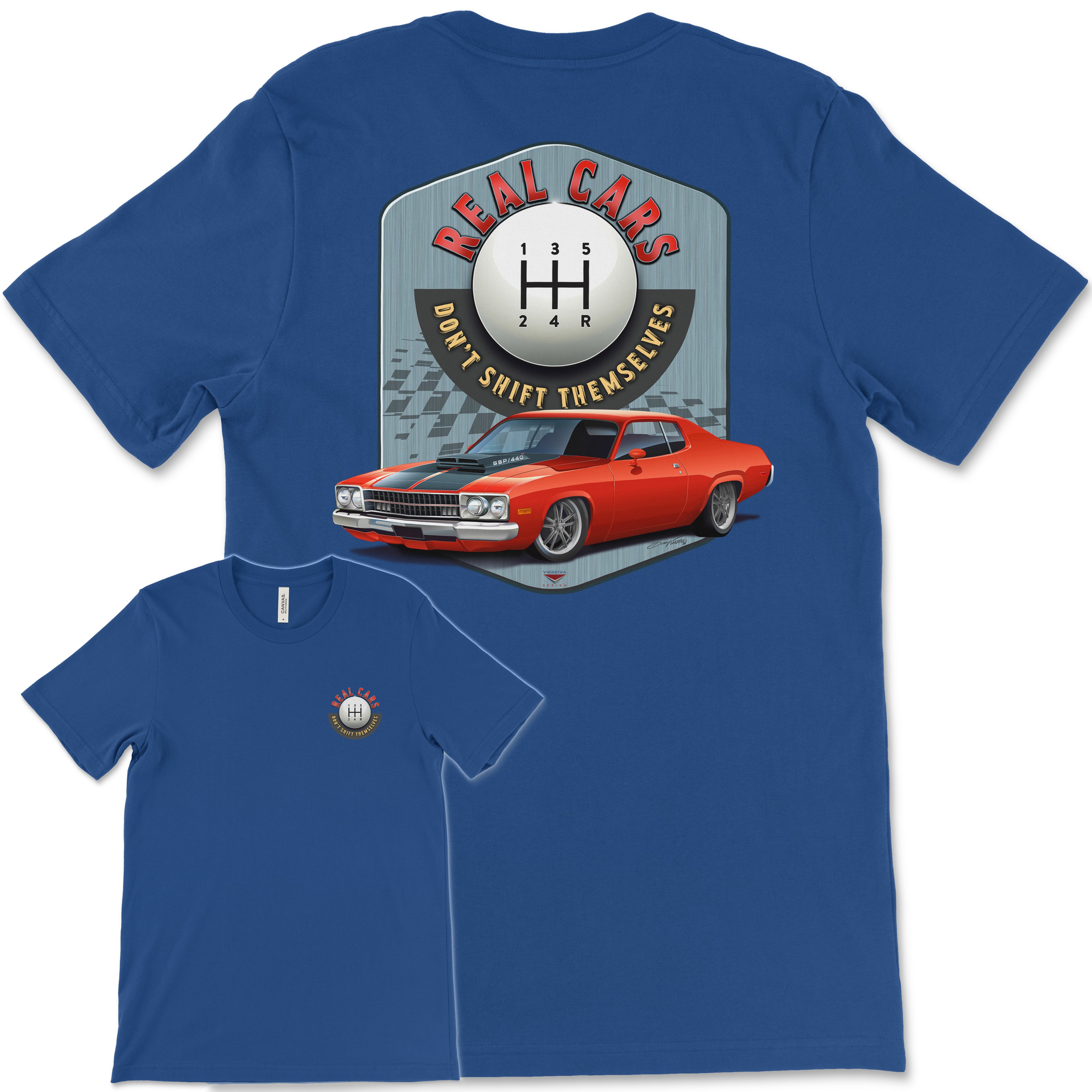 Real Cars Don’t Shift Themselves! '73 Plymouth Satellite Bella+Canvas Unisex Short-Sleeve T-Shirt (Back Design)