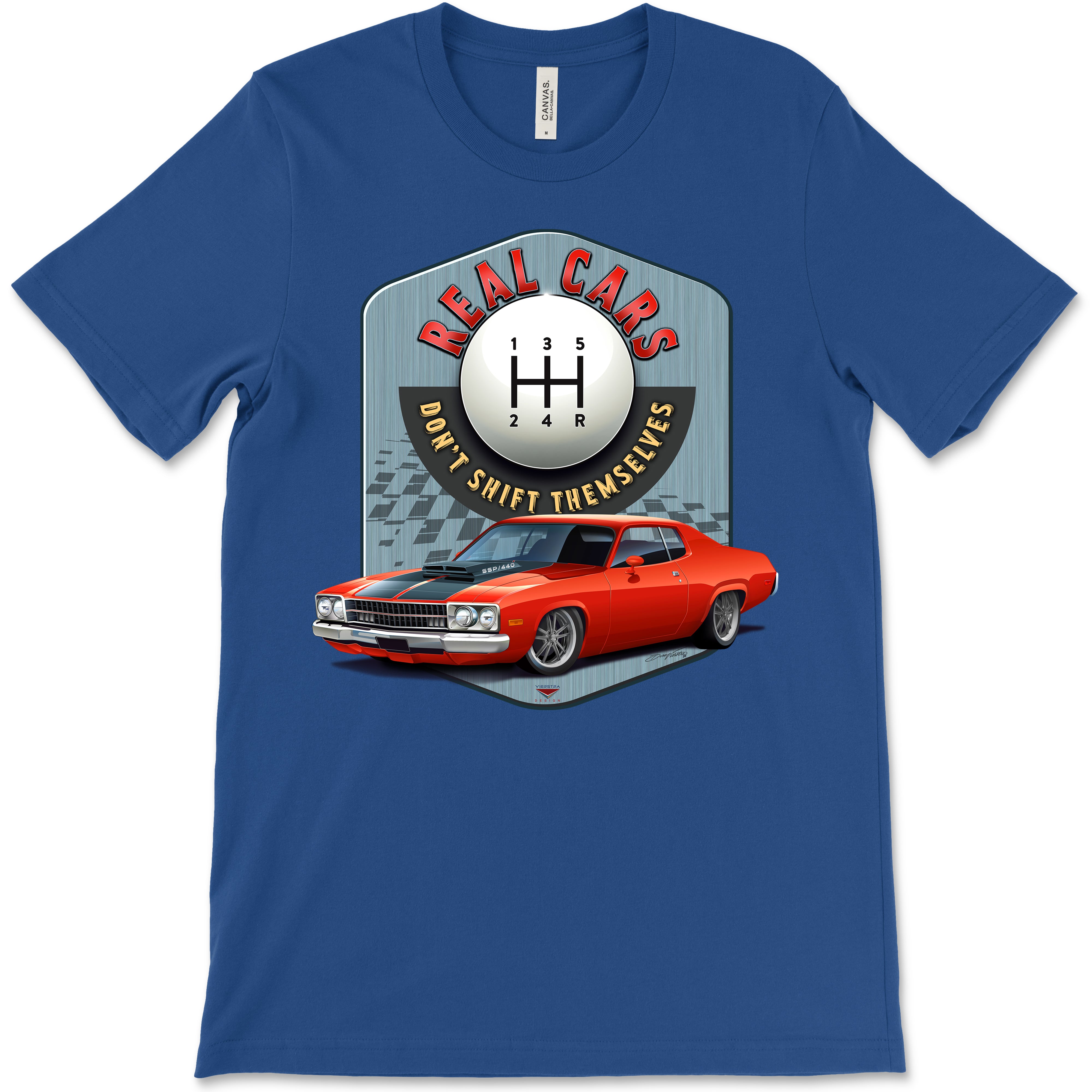 Real Cars Don’t Shift Themselves! '73 Plymouth Satellite Bella+Canvas Unisex Short-Sleeve T-Shirt (Front Design)