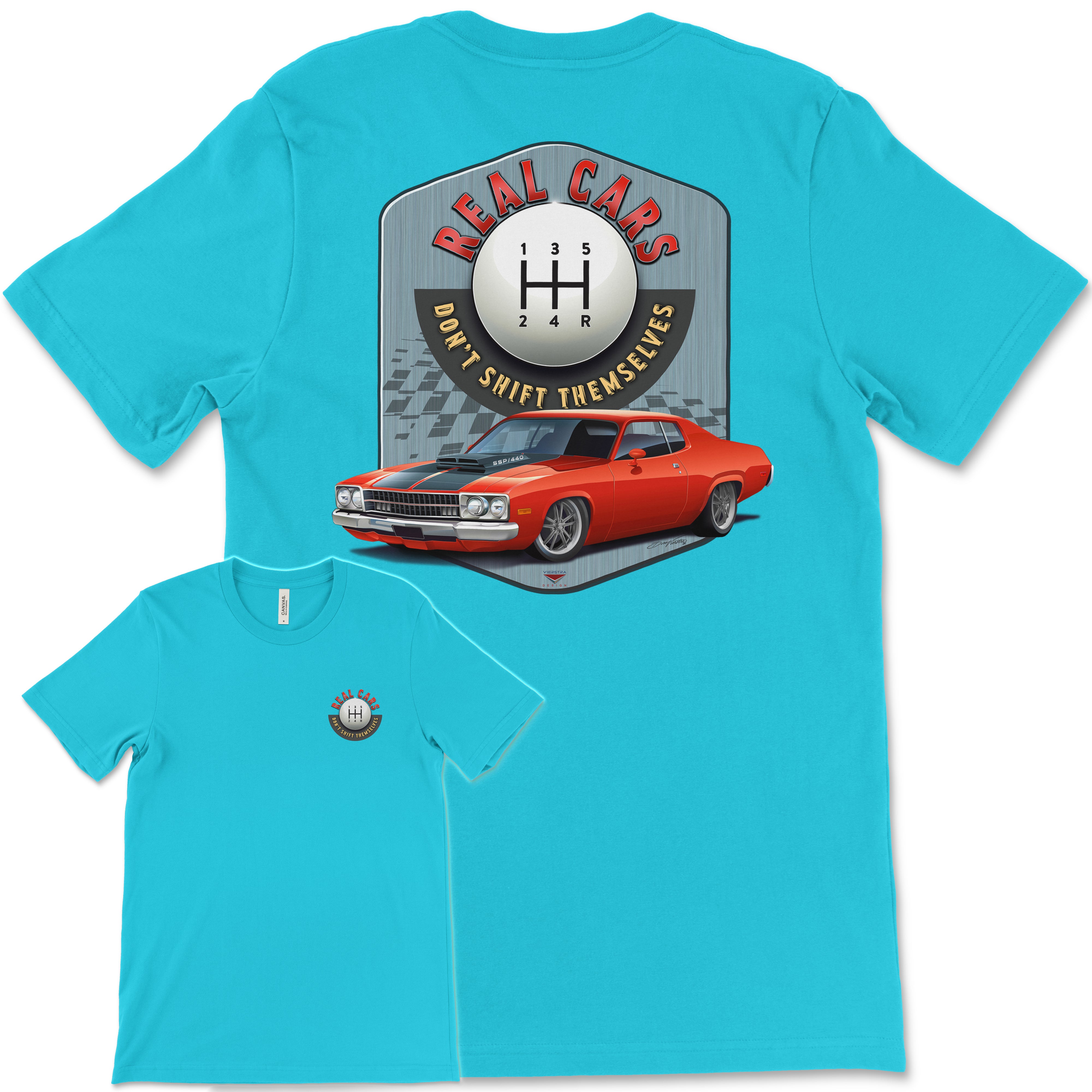 Real Cars Don’t Shift Themselves! '73 Plymouth Satellite Bella+Canvas Unisex Short-Sleeve T-Shirt (Back Design)