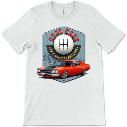 Real Cars Don’t Shift Themselves! '73 Plymouth Satellite Bella+Canvas Unisex Short-Sleeve T-Shirt (Front Design)