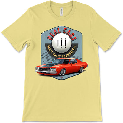 Real Cars Don’t Shift Themselves! '73 Plymouth Satellite Bella+Canvas Unisex Short-Sleeve T-Shirt (Front Design)