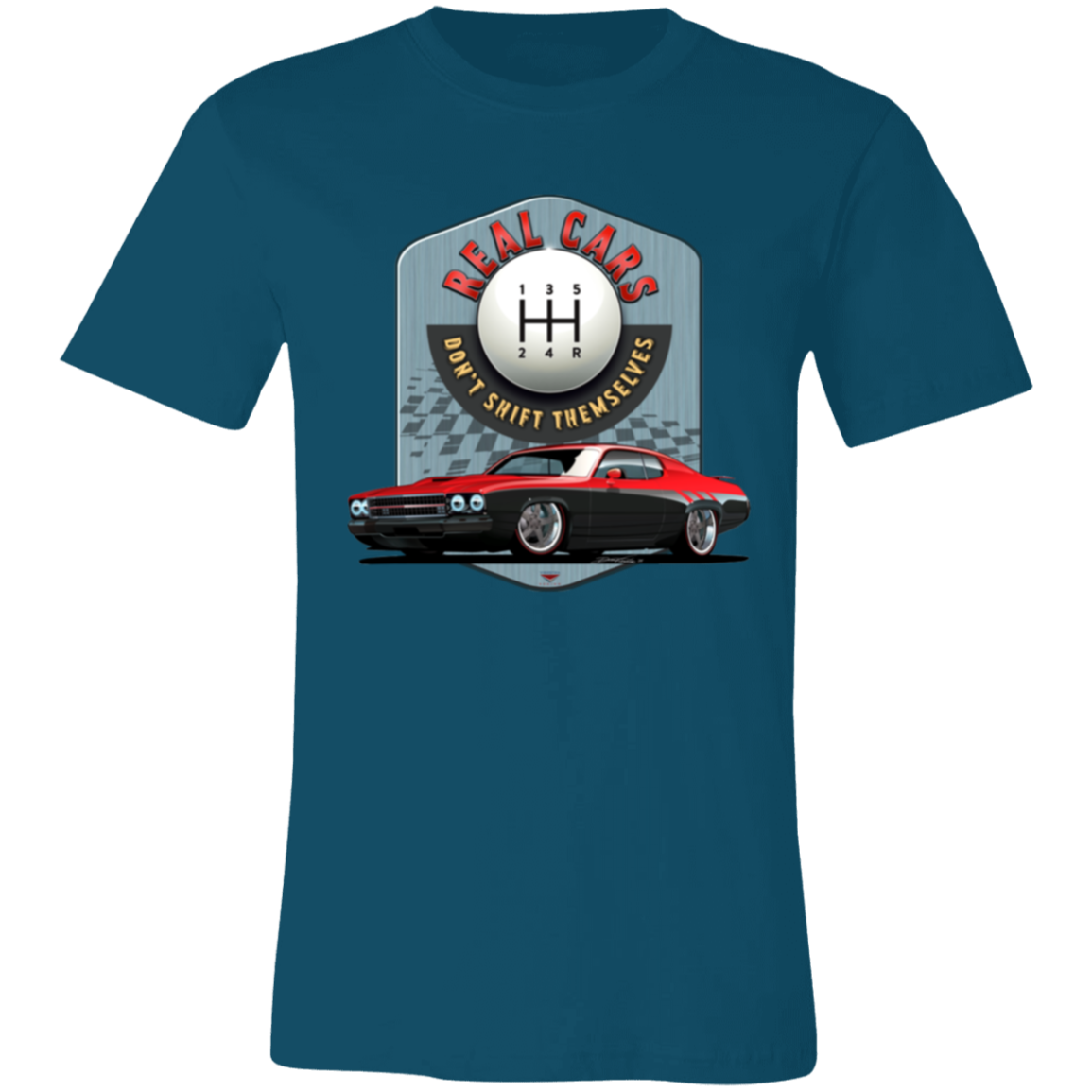 Real Cars Don’t Shift Themselves! '73 Plymouth Roadrunner Bella+Canvas Unisex Short-Sleeve T-Shirt (Front Design)