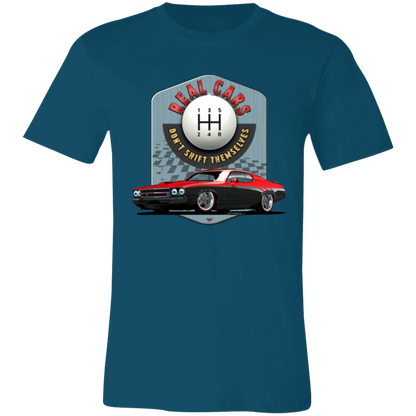 Real Cars Don’t Shift Themselves! '73 Plymouth Roadrunner Bella+Canvas Unisex Short-Sleeve T-Shirt (Front Design)