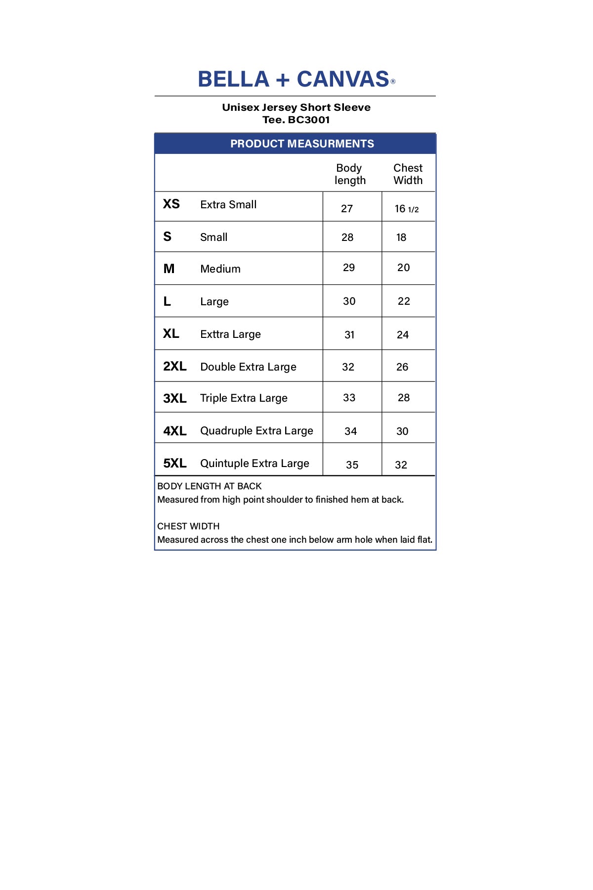 Bella Canvas Sizing Chart